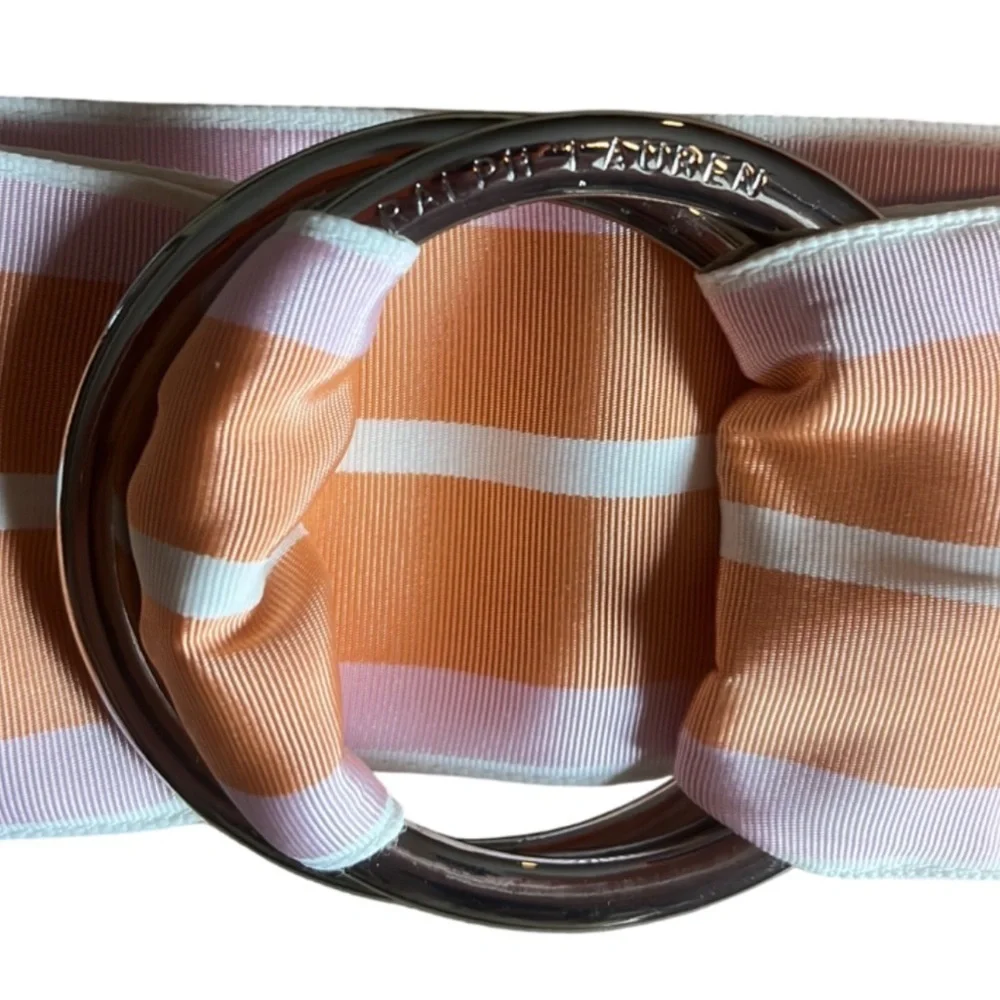 RALPH LAUREN 3” Wide Striped Ribbon Belt - Pastel Orange & Pink - XS to Med